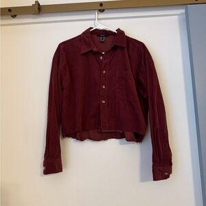 Forever 21 Cropped Maroon Burgundy Button-Up Shirt, Fall Shirt, Women’s Corduroy